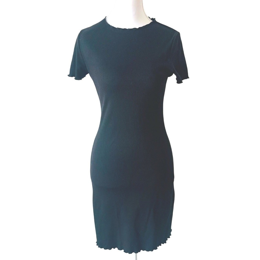 She + Sky Mini Bodycon Dress Black Ribbed Lettuce Edge Short Sleeve Sz M